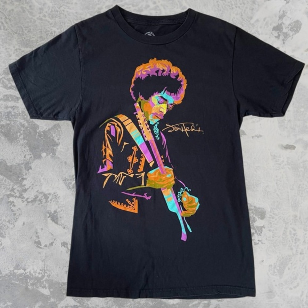 Authentic Hendrix‎ Mens Small Black Graphic T-Shirt Jimi Hendrix Neon Rock Tee
